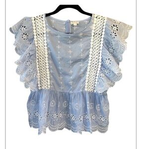 Jennifer & Grace Eyelet Romantic Ruffle  Blue Floral Lace Top  Size XL